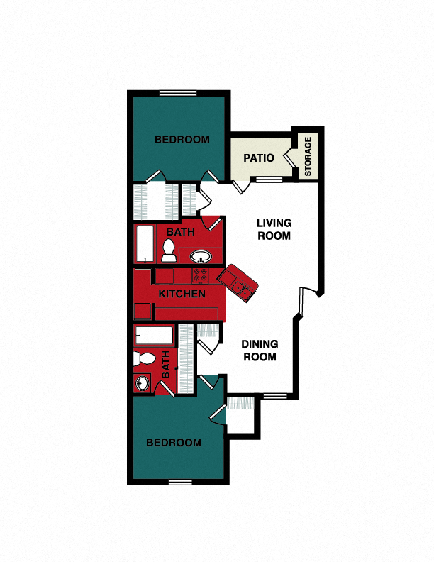 Floor plan for 2 beds, 2 baths, 948 sqft
